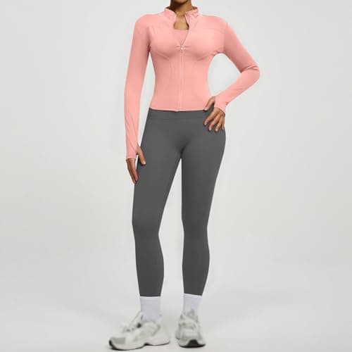 Yoga Workout 2 Piece Set Women Seamless Long Sleeve Zipper Jacket High Waist Butt Lifting Leggings Gym Active Stretch Fitness Wear Set(Rose Gold, M) — view 3