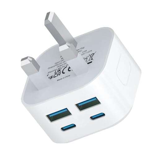 USB C Plug Fast Charger, i Phone Plug Dual Micro USB Ports and 2 USBC Ports 3 PIN Type C Charging Plug UK for iPhone Apple 17/17 Air/17 Pro Max/16e/16/15/14/13/12/11/8/7/6/5/SE 2020/iPad Pro/Air/Mini