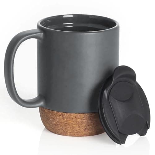 Ceramic Travel Mug with Handle, Lockable Lid, Heat Proof Base - Dark Grey