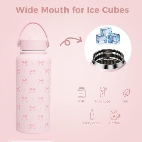 Pink Bow Water Bottle 1L (32oz) Insulated Water Bottle Stainless Steel Pink Girls Water Bottle with Straw for Women Girls, Birthday and Back to School Gift — view 4