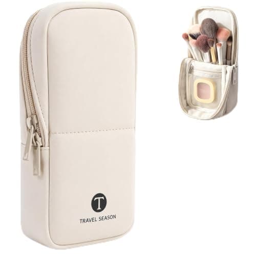 Standing Travel Makeup Bag, Waterproof PU Cosmetic Bag with Brush Holder