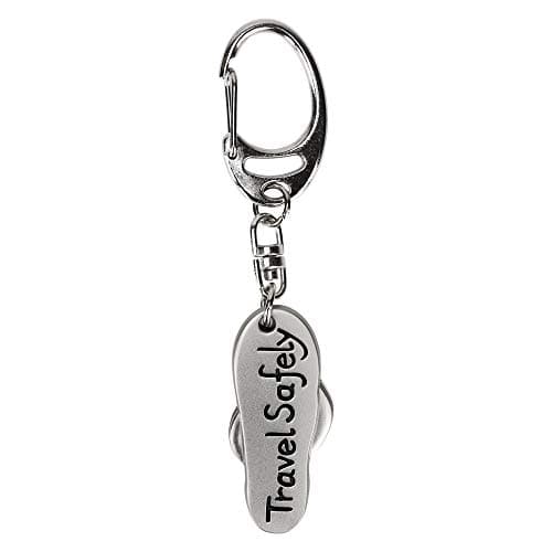 Travel Safely flip flop metal keyring in a smart organza pouch with printed gift tag — view 2