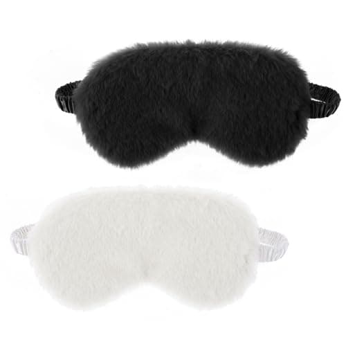 2 Pieces Plush Fluffy Eye Mask Comfortable Blindfold Eye Cover Soft Night Eyeshade Cover Cute Sleep Masks Adjustable Faux Fur Sleeping Mask for Women Men Travel Nap Gift