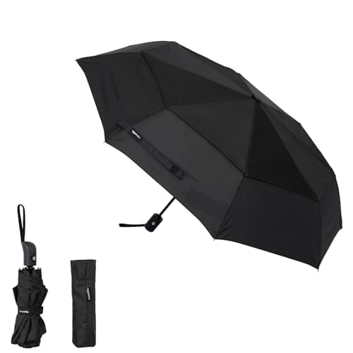 Amazon Basics Round Automatic Travel Compact Umbrella Windproof Strong, with Wind Vent, Black, One Size