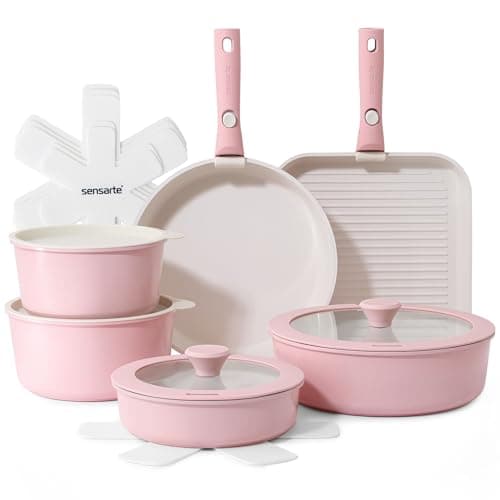 SENSARTE 17 Piece Ceramic Detachable Handle Pots and Pans Set Pink