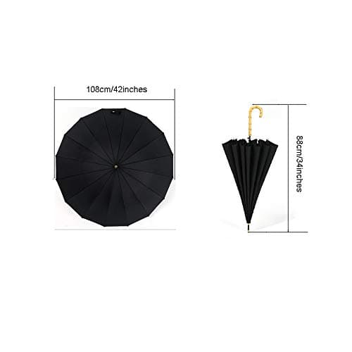 ThreeH Stick Umbrella Windproof and Rainproof Bamboo Hook Handle Auto Open Protable Lightweight KS08,Black — view 3