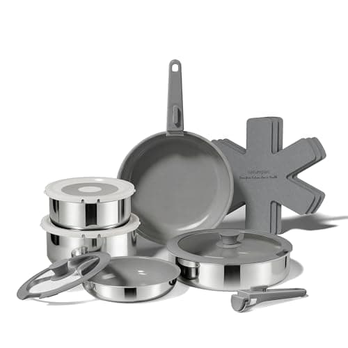 naturepan 16 PCS Ceramic Cookware Set, Stainless Steel Exterior Pots and Pans Set Non Stick, 10x More Durable Super Ceramic Coating, for Induction Hob Pan Set (Grey)