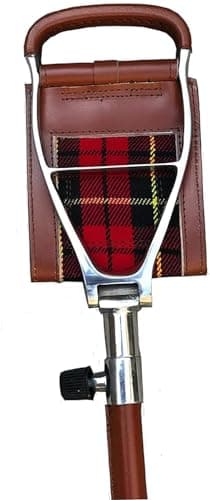 Generic Folding Camp Chair with Adjustable Walking Stick, Brown Leather, Scottish Tartan Insert