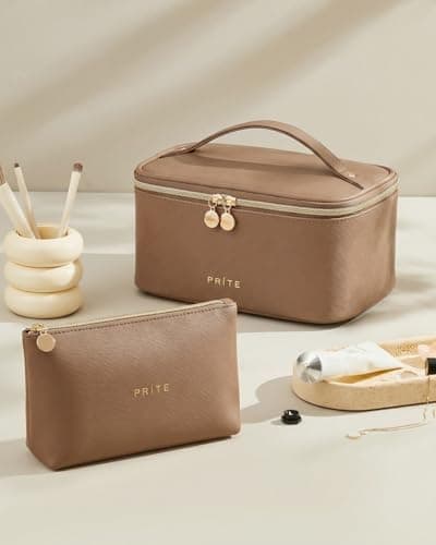 Prite Makeup Bag Toiletry Case for Women with Brush Holder, Beige, 2Pcs Set — view 4