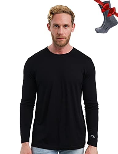 100% Merino Wool Base Layer Men - Long Sleeve Thermal Shirt + Hiking Socks (XL, 165 Black)