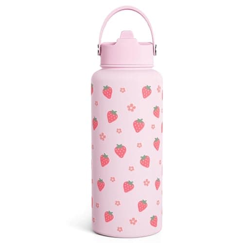 Bryxora Insulated Water Bottle with Straw Lid (800ml) - 24 Hours Cold - Iced for 48 Hours - Leakproof - BPA Free - Easy to Carry - Vacuum Insulated Double Walled Stainless Steel Flask (Strawberry)