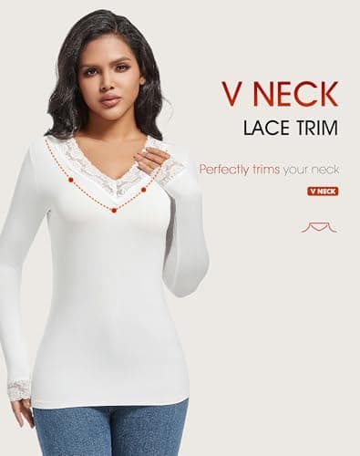 MOSCOAL Fleece Lined Thermal Tops for Women Long Sleeve Lace Trim Base Layer V Neck Shirt, White, M — view 5