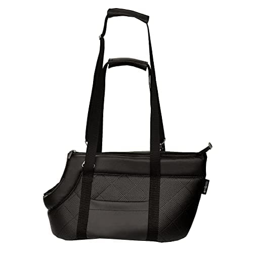 Premium Pet Carrier Bag for Dogs & Cats, Faux Leather Shoulder Travel Bag with Elastic Safety Strap and Carabiner, Up to 12 kg, Metallic Black Size L, 47 x 29 x 28 cm — view 4