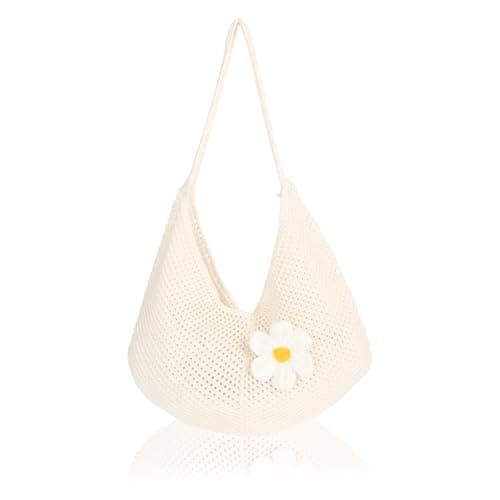 Hittriu Crochet Beach Bags for Women, Hollow Crochet Mesh Tote Bag, Coffee Hobo Beach Shoulder Bag Handbag for Seaside Holiday Travel Daily Shopping (Off White)