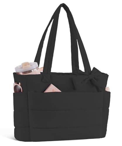 CTWWFS Puffer Tote Bag for Women, Quilted Bow Tote Bag with Cup Holder & 15.6 In Laptop Compartment for Work, Travel, Gym, College (Black)
