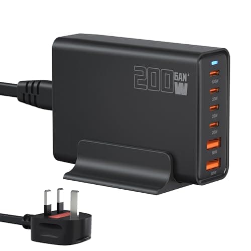 200W 6-Port USB Charging Station, PD 100W 65W 45W 20W 18W USB C GaN III Charger Laptop & Phone Fast Charger Plug, Compatible with MacBook Pro/Air,Dell XPS, iPhone 15/16/14/ Pro, iPads, Steam Deck