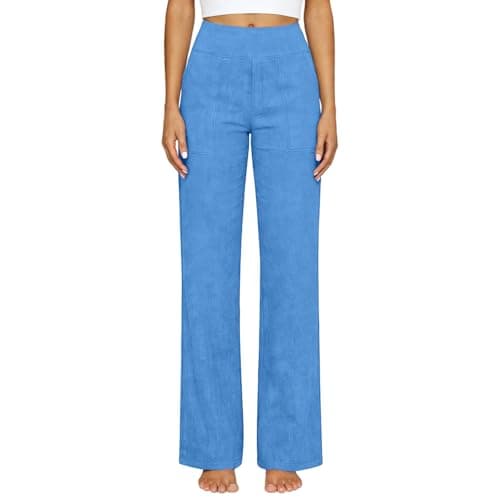 Ladies Trousers Linen Trousers Womens Ladies Summer Trouser UK Petite Casual Cotton Fashion Breathable Holiday Travel Beach Elasticated High Waist Wide Leg Lightweight Lounge Palazzo Pants Light Blue — view 5