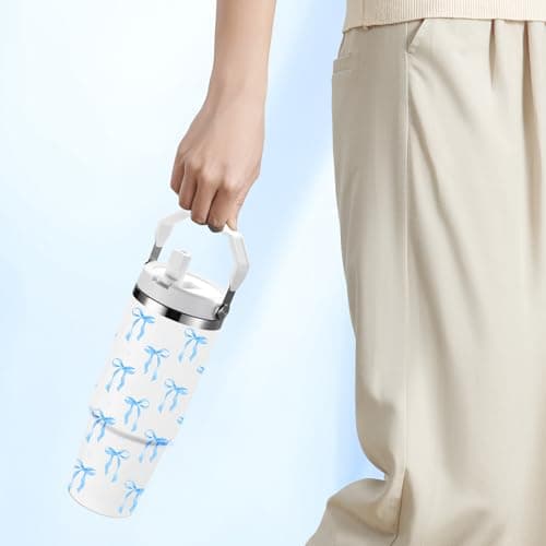 FOLAI Leakproof Flip Water Tumbler,30oz Stainless Steel Hot and Cold Water Bottle with Ergonomic Handle and Straw Keeps Cold For 12+ Hours,Ideal for Gym,Car,Beach-Easy to Carry Travel Mug(Blue bow) — view 4