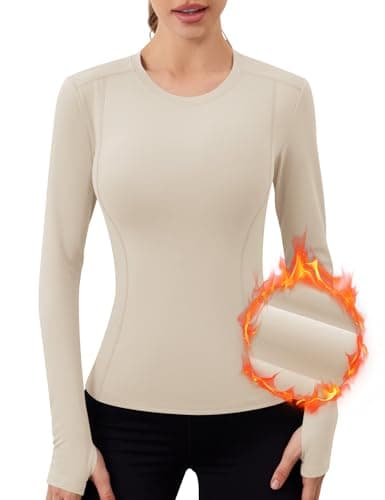 IECCP Women's Long Sleeve Workout Shirt Thermal Shirts Plus Size Athletic Fleece Tops Ski Shirt with Thumb Hole Bone XL