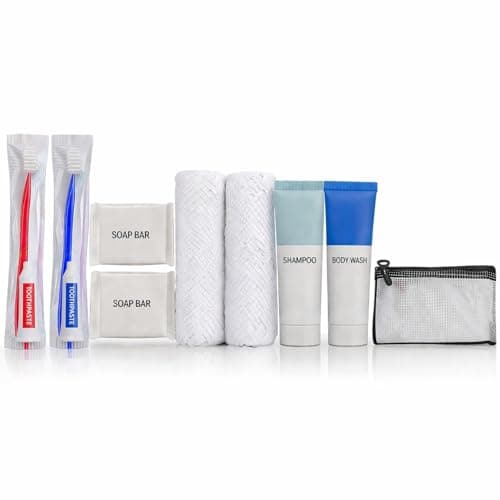 Travel Toiletries Hygiene Kit for 2, Includes Toothbrush, Shampoo, Body Wash, Soap and Washcloth, with Zip Pouch