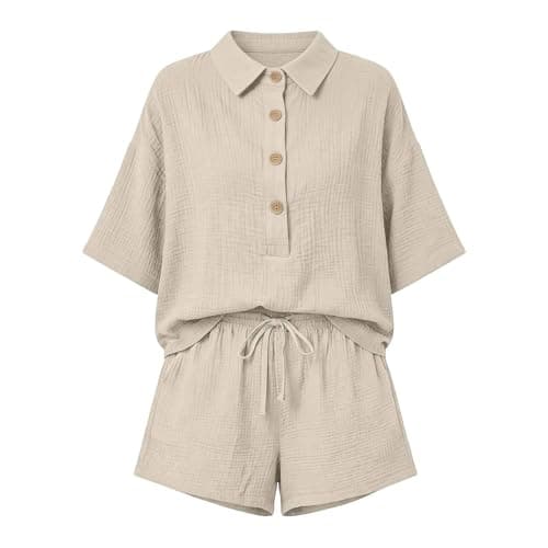 Linen Coord Sets for Women UK Beige Button Short Sleeve Shirt and Drawstring Shorts Leisure Suit Loungewear Outfit Jogger Tracksuit Set Loose Comfy sets with Pockets Home Office and Holiday — view 4
