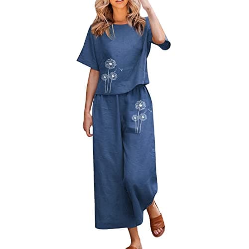 Nuaoxyeu holiday co ord sets for women Co Ords Sets for Women Uk Cotton Linen Two Piece Outfits Trousers and Shirt Set Summer Breathable Travel Outfit Baggy Twin-Sets Cozy Gym Navy, XL