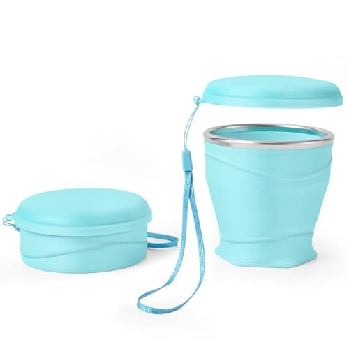 Bidponds 8.8oz/260ml Collapsible Silicone Cup with Lid,BPA-Free,304 Stainless Steel Rim,Portable Cup for Travel,Camping, Hiking,Outdoor Sports (Light Blue)