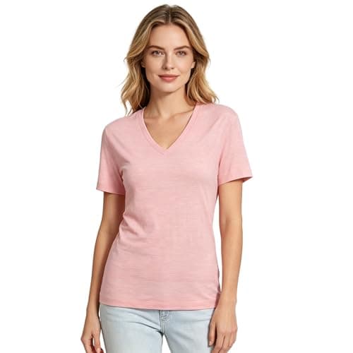 MERIGREENY Women's 100% Merino Wool T-Shirt, V Neck Lightweight Moisture-Wicking Athletic Base Layer Tops for Running, Pink, S