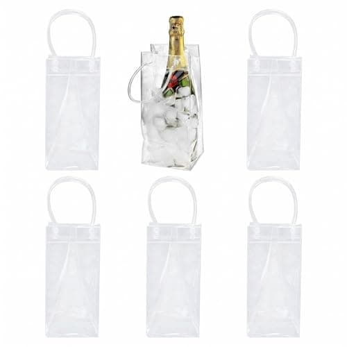 6 Pack Ice Bag Wine Cooler for Champagne Beer Red Wine Bottle Leakproof Wine Chiller Portable Clear PVC Wine Cold Bag with Carry Handle, Gel Carrier for Party Outdoor