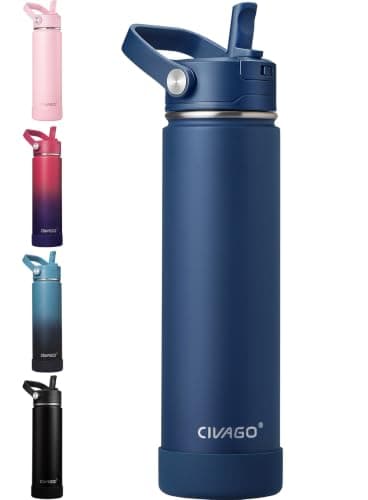 CIVAGO Insulated Stainless Steel Water Bottle with Detachable Straw, 750ml Metal Sports Drink Bottle with Bucket Handle, Leakproof Reusable Flask with Silicone Boot for Travel, Dishwasher Safe, Navy