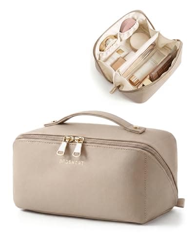 BAGSMART Large Travel Makeup Cosmetic Bag, Lay Flat, Clear Brush Pocket