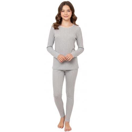 Heatwave Thermalwear Girls Thermal Base Layer Set Long Sleeve Top & Bottom Kids Winter Outdoor Wear, Marl Grey 12-13 Years