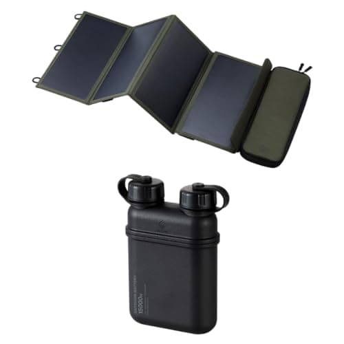 ELECOM NESTOUT 4-Panel Solar Charger 28W (Olive) & 15000mAh Outdoor Power Bank (Black) – Bundle