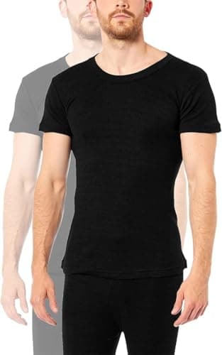 Crazy Fashion Pack of 2 Thermal Tops Men’s - Short Sleeve Plain Round Neck Mens Top Warm T-Shirt Underwear Baselayer Cotton Thermals (Black, XL) — view 2