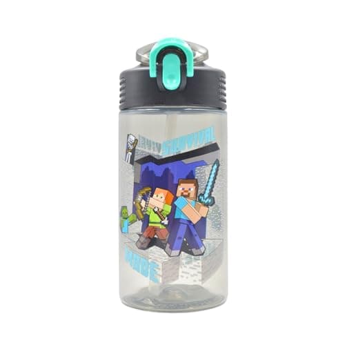 HOX Minecraft Drinks Bottle with Flip Spout & Straw – Leak Proof Kids Water Bottle, Steve & Alex Design, BPA Free School Sports Travel Bottle with Lock Lid