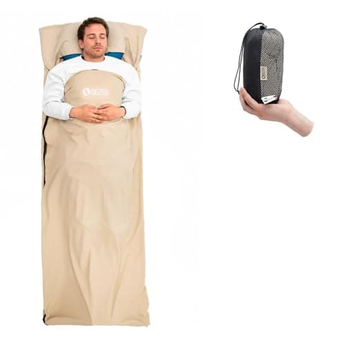 QEZER Sleeping Bag Liner, Ultralight Travel Sheets, Soft & Portable Large Sleeping Bag Liners for Adults silky soft and with a practical zipper easy to store (KHAKI)
