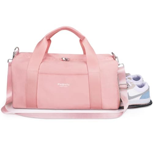 Gym Bag for Women,Pu Leather Handle,Dry Wet Separated with Shoe Compartment & Wet Pocket,Waterproof Duffle Bag for Travel Sports Fitness Workout Athletic (Pink,19"-Medium)