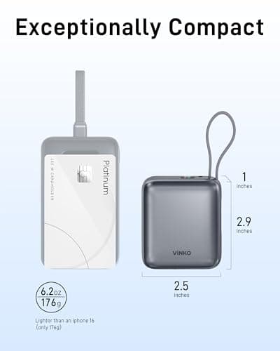 VINKO Small Power Bank with Built-in Cable,10000mAh Fast Charging Power Bank, 22.5W USB C Portable Charger, Mini Battery Pack for iPhone 16 15 14 13 Samsung Galaxy Google Android (Gray) — view 2