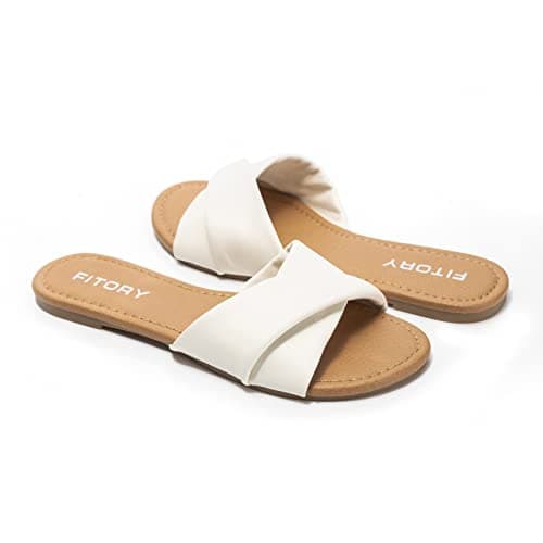 FITORY Women's Sandals Flat Slip On Leather Summer Slide Pure White Size 6 — view 5