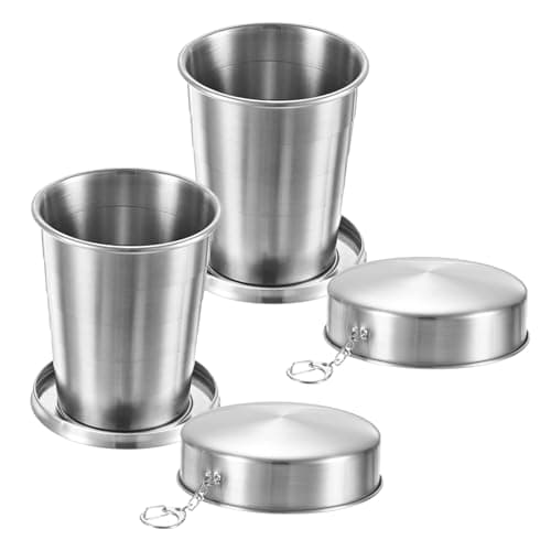 M METERXITY 2 Pack Stainless Steel Collapsible Travel Cup, 15oz(450ml) Reusable Collapsible Metal Cup Portable Foldable Water Bottle with Lid and Keychain for Travel/Camping/Hiking