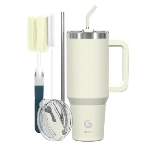 BIGRD Insulated Coffee Cup Travel Mug with Handle and Straw 40oz,Stainless Steel Double Wall Vacuum Leak Proof Water Bottle for Cold Hot 1.2L,BPA-Free,Beige