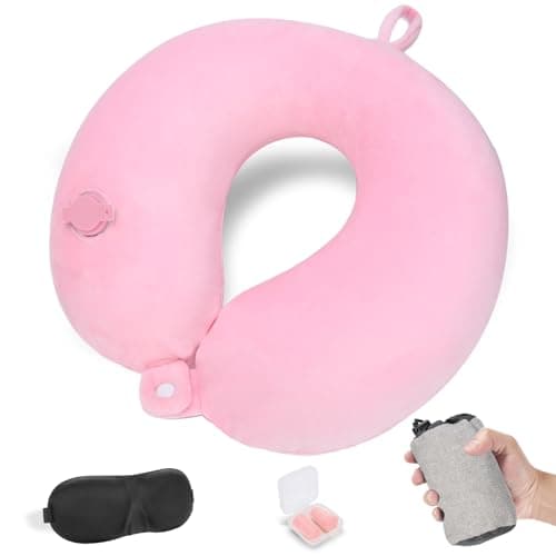 Cirorld Inflatable Travel Pillow, Blow up Neck Pillow for Travel, Lightweight Inflatable Travel Pillow for Airplane with Eye Mask and Earplugs—Travel Essentials for Flying, Pink