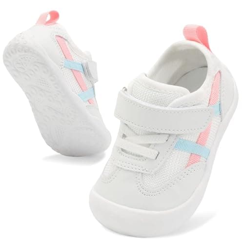 JIASUQI Infant Barefoot Shoes Girls Boys Baby Non-Slip First Walking Shoe Newborn Crib Lightweight Sneakers Wide Baby Indoor Outdoor Shoes(MultiWhite 128,12-18 Months)