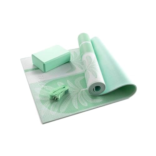 MYGA Yoga Starter Set - 6mm Non-Slip Yoga Mat, Yoga Block and Strap - Starter Kit for Beginners in Pilates, Exercise and Fitness - Choice of Design (Sage Palm)