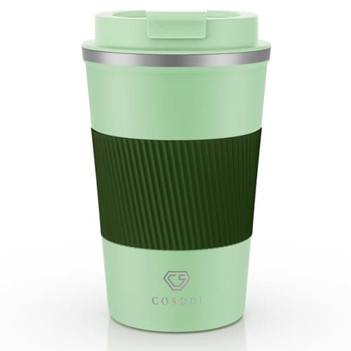 CS COSDDI Travel Mugs, Insulated Coffee Cup with Leakproof Lid - Reusable Coffee Cups Travel - Car Coffee Cup - Stainless Steel Coffee Mug for Hot and Cold Water and Tea (Olive Green, 380 ml)