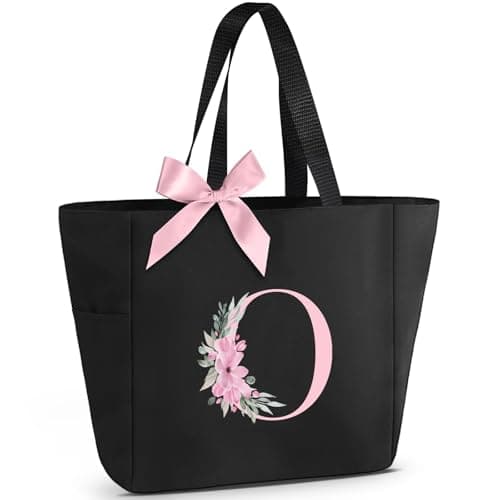 Vavabox A-Z Initial Personalized Tote Bag, Waterproof Gifts for Women, Bridesmaids, Mom, Teachers, Friends (01-Black, O)