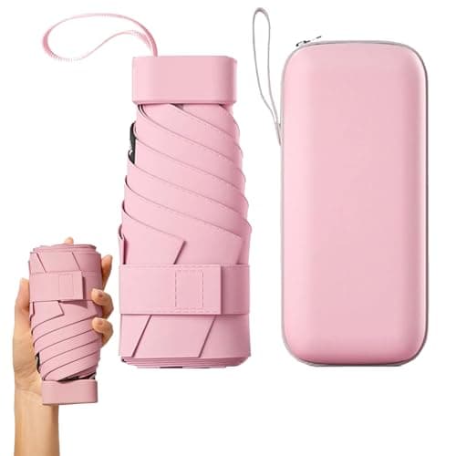 Mini Folding Travel Umbrella, Windproof Strong, UV Protection, 6 Ribs, Pocket Umbrella with Capsule Case for Women, Men, Girls-Pink