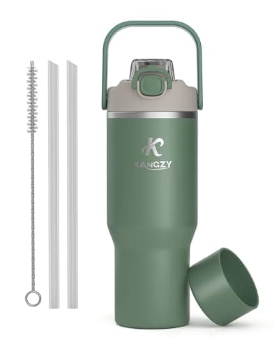 KANGZY Metal Water Bottle with Straw 1L/32oz – Vacuum Insulated Stainless Steel Flask, 2-in-1 Straw & Spout Lid, BPA-Free Leak-Proof Tumbler, Keeps Drinks Hot 8H+ / Cold 24H for Work, Travel Green
