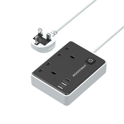 Black Extension Lead 1M with 3 USB Slots, 2 Gang Short Extension Lead
