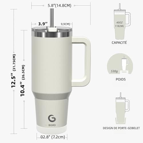 BIGRD Insulated Coffee Cup Travel Mug with Handle and Straw 40oz,Stainless Steel Double Wall Vacuum Leak Proof Water Bottle for Cold Hot 1.2L,BPA-Free,Beige — view 3